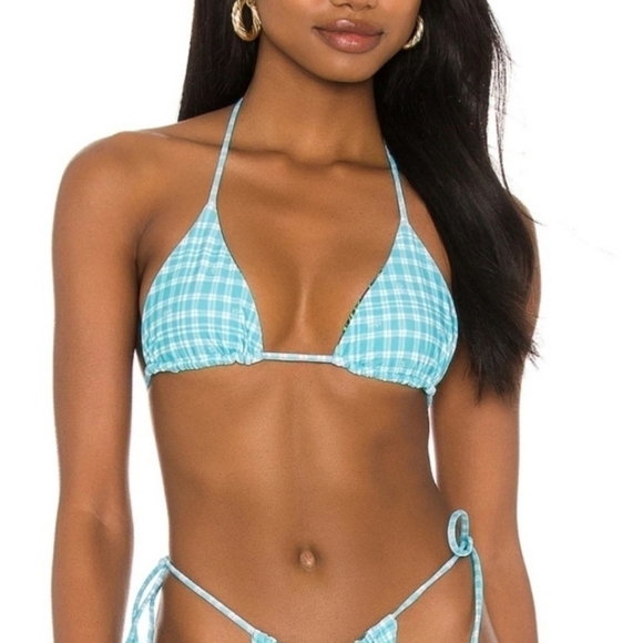 Dolls Kill VDM Reversible Tropical Palm Tree Plaid Triangle Bikini Top Sz Small - Picture 3 of 8